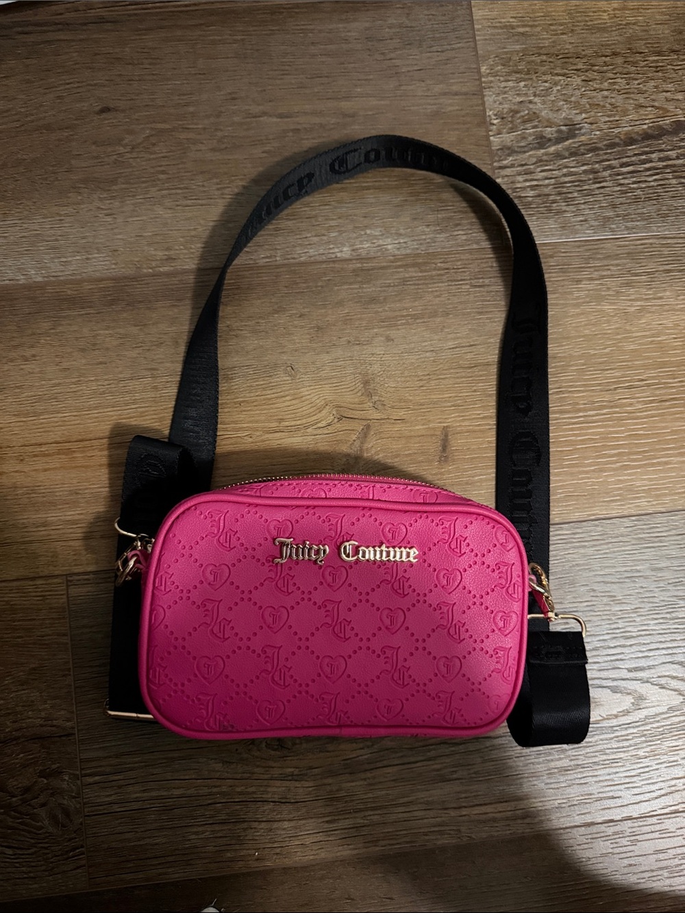 Juicy Couture Bright Pink Logo Embossed Crossbody with Black Strap